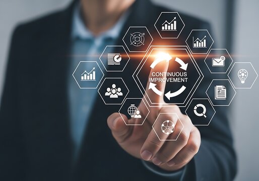 Businessman touching a digital interface with continuous improvement icons