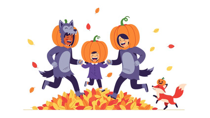 Spirited Halloween Revelry: A lively illustration showcases two adults and a child, all playfully clad in Halloween costumes, leaping with boundless joy amidst a pile of colorful fallen leaves.
