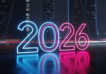 Neon numbers 2026 glowing in blue and pink