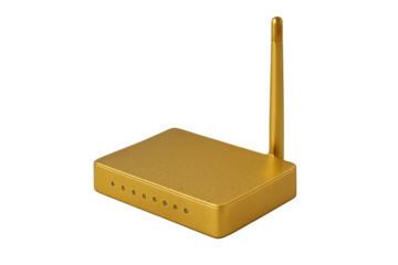 Golden Wireless Router: A sleek, golden-hued wireless router, equipped with a single antenna, signifies a gateway to the digital realm, symbolizing connectivity and technological advancement.