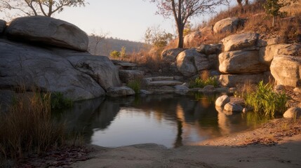 Tranquil Oasis: Desert Landscape with Rocks, Water, and Golden Light