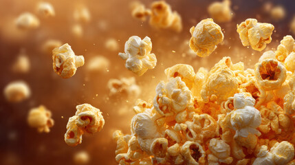 Fluffy popcorn kernels bursting into the air, with a warm golden background creating an inviting and delicious snack atmosphere perfect for movie nights.