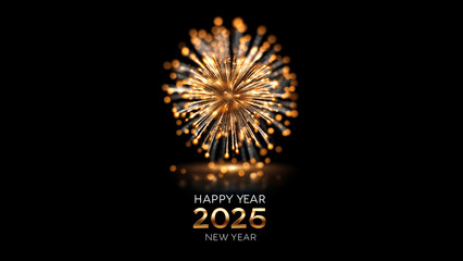 Goldenes Feuerwerk mit leuchtender 2025 und "Happy New Year" Text vor dunklem Nachthimmel