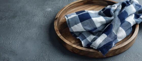 The wooden tray with blue checkered cloth on textured concrete background