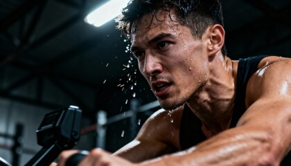 Closeup of a sweaty man intensely exercising on a stationary bike in a dark gym