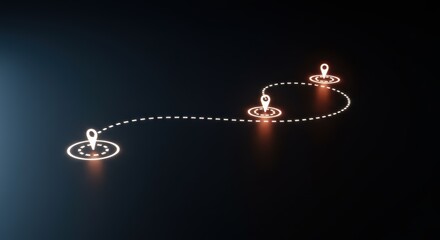 Glowing Map Route: Three Location Pins Connected by a Dashed Line Path on Dark Background