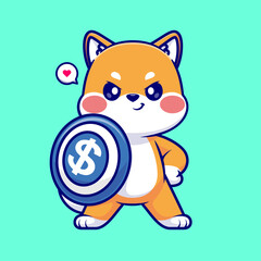 Cute Shiba Inu Dog Holding Shield Money Cartoon