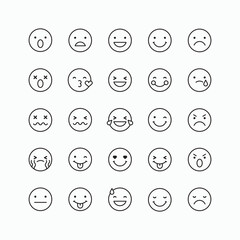 Outline smiley emoji. Funny emoticons faces with facial expressions. Detailed emoji line icons. Vector illustration.