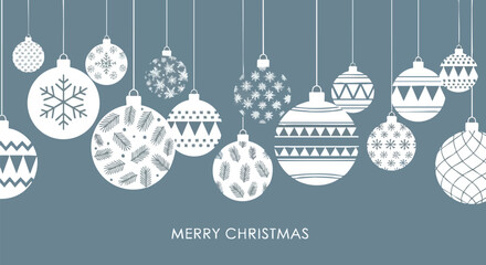 Elegant white Christmas ornaments with festive patterns hang against a serene blue background for holiday greetings and seasonal designs. © Qinanti Studio