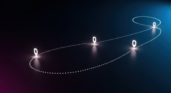 Glowing Location Markers on a Dark Abstract Route