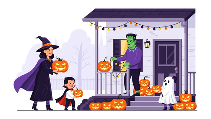 Halloween Preparations: A festive autumn scene unfolds as family prepares for Halloween, with vibrant pumpkins, adorned with costumes and decorations creating a magical spooky atmosphere.