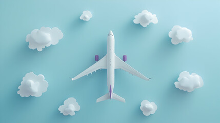Airplane Flying Through Dreamy Skies, White Airplane soaring through a whimsical sky surrounded by fluffy white clouds, pastel blue background, perfect for travel inspiration, conceptual art and