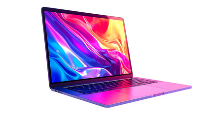 Sleek silver laptop angled slightly, showcasing a vibrant, abstract, multicolored swirling wallpaper on its screen