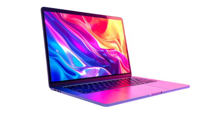 Sleek silver laptop angled slightly, showcasing a vibrant, abstract, multicolored swirling wallpaper on its screen