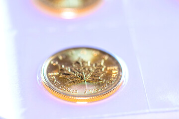 Close-up of 0.1 oz gold coin shining, wealth management, gold pricing, inflation hedge, investment in hard assets, gold ETFs.