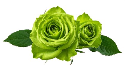 Two vibrant lime green roses with lush green leaves, isolated on white