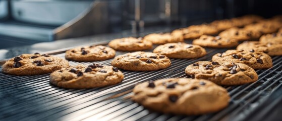 The Chocolate Chip Cookies On a Cooling Rack In A Professional Bakery