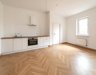 Empty modern kitchen with herringbone flooring