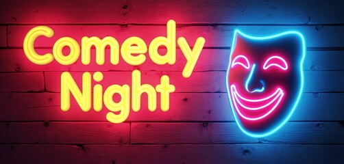 Comedy Night neon sign with laughing mask. Yellow text on a wooden wall. Pink and blue neon lights create inviting atmosphere for stand-up events and performances.