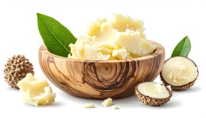 Creamy shea butter in a wooden bowl with leaves and nuts