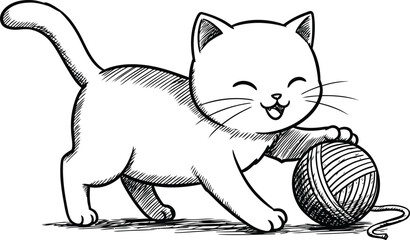 Playful kitten illustration with yarn ball whimsical sketch style vector