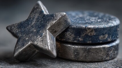 Close-up of a metallic star and circular object on a textured surface. The items have a rustic appearance with a dark, weathered finish.