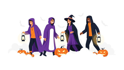 Halloween Gathering: A group of diverse friends, dressed in whimsical costumes, gather together during Halloween, holding lanterns, their faces alight with eerie fun.