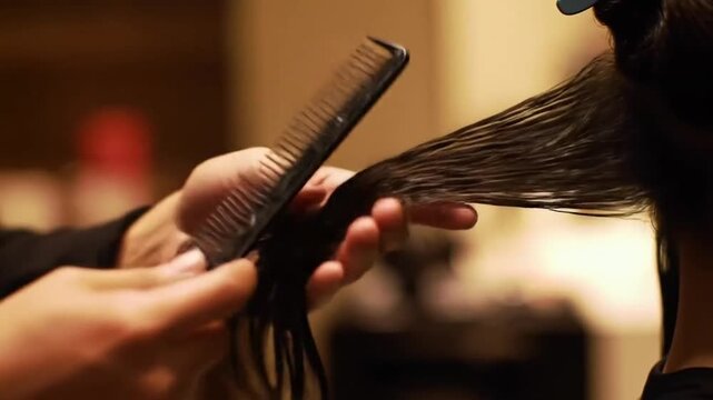 Close-up of a person's hands carefully combing a section of wet, dark hair, preparing for a haircut - Powered by Adobe