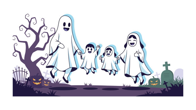 Spooky Ghost Family: A whimsical illustration of a family of ghosts, each cloaked in ghostly white sheets, playfully hovering near a spooky graveyard and jack-o'-lanterns.