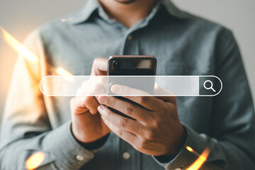 Man using smartphone with search bar online concept internet browsing and information retrieval system