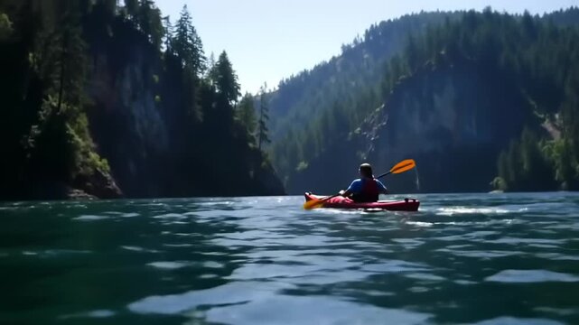 Kayaker paddling calm water