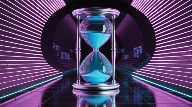 Hourglass of Time: A striking hourglass, filled with glowing blue sand, stands at the heart of an avant-garde tunnel, illustrating the preciousness of each passing moment.
