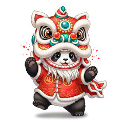 Fototapeta premium Festive panda in a vibrant red and gold lion dance costume, striking a dynamic pose with a playful expression, embodying cultural celebration in a colorful digital cartoon illustration.