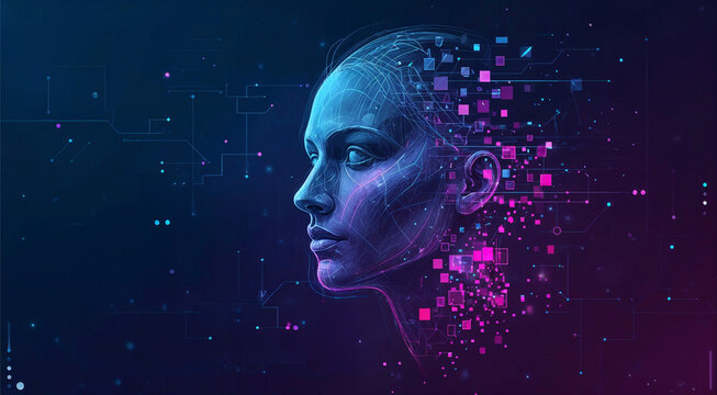 Human profile silhouette dissolving into colorful digital particles representing AI powered art creation and digital drawing technology innovation - Powered by Adobe