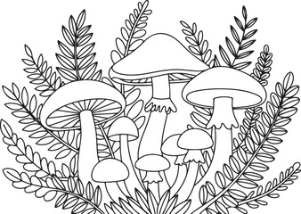 Whimsical Mushrooms and Fern Leaves Line Art – Cute Nature Coloring Page for Kids and Adults