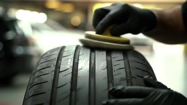 Professional auto detailer in black gloves applying a protective tire dressing with a foam applicator for a deep black shine and restoration