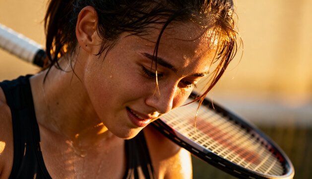 Young woman with sweat on her face holding a tennis racket after a match - Powered by Adobe