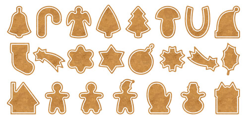Set of vector silhouettes of Christmas cookies. Gingerbread man, tree, star, snowman, holiday biscuit shapes, festive baking cutters, Xmas decorations
