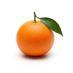 Single fresh orange fruit with green leaf and stem isolated on white white background