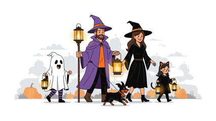 Halloween Family Costume Parade: A cheerful family dressed in whimsical Halloween costumes strolls along a street, guided by the soft glow of their lanterns.