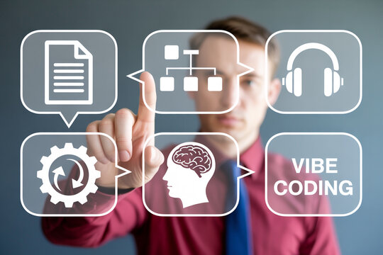Man interacting with digital interface for business process automation and vibe coding concept