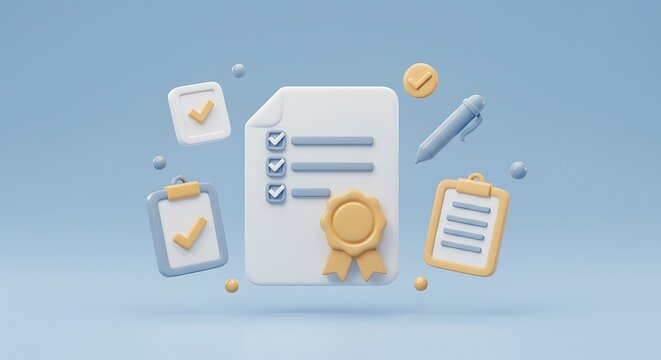 3d illustration of a document with checklist and seal, symbolizing approval, verification, and task completion
