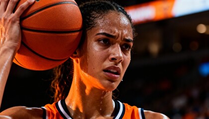 Closeup of a determined female basketball player sweating intensely while holding a ball during a game