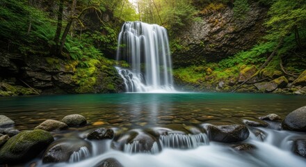 Majestic waterfall cascades into a serene turquoise pool surrounded by lush green forest