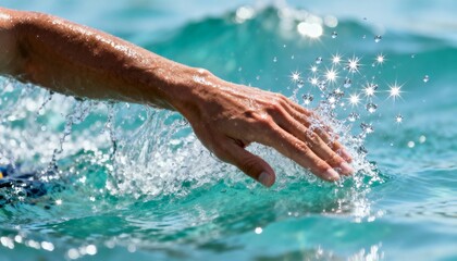 Closeup of a swimmers hand gliding through clear blue water, creating splashes and ripples