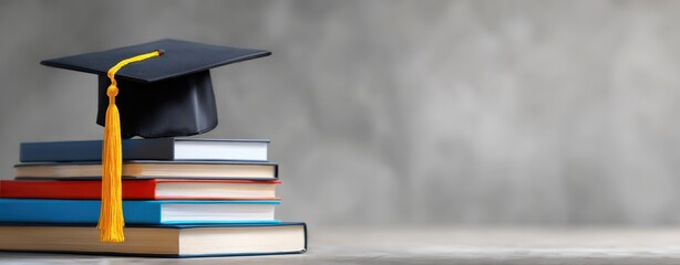 The graduation cap perched atop a stack of colorful books.
