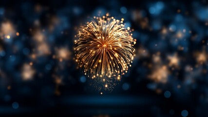 Fototapeta premium Einzelne goldene Feuerwerksexplosion mit strahlenden Funken vor unscharfem dunklem Hintergrund mit Bokeh-Effekt