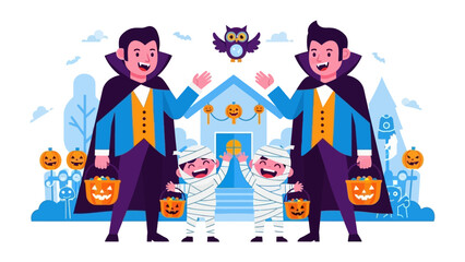 Spooky Halloween Celebrations: A spirited vector scene unfolds, featuring playful vampires and costumed children immersed in the joy of Halloween. Pumpkins and an owl complete the whimsical ambiance.