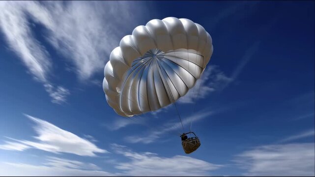 A large silver cargo parachute with a basket attached is descending from the sky against a background of blue sky and clouds