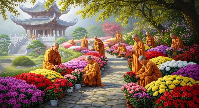 Monks tending flowers.